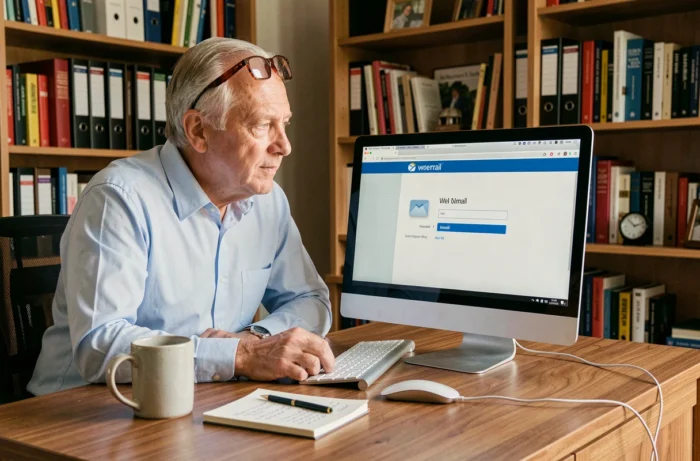 Homme de 60 ans consultant sa messagerie Wanadoo sur un ordinateur de bureau dans un bureau à domicile organisé