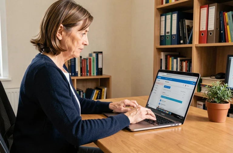 Femme d'une quarantaine d'années accédant à son webmail sur un ordinateur portable dans un bureau à domicile