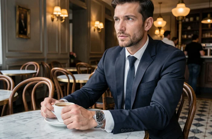 Homme en costume marine arborant une montre de luxe dans un café parisien au style rétro