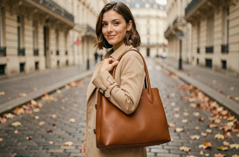 Femme élégante portant un sac en cuir structuré dans une rue pavée parisienne en automne