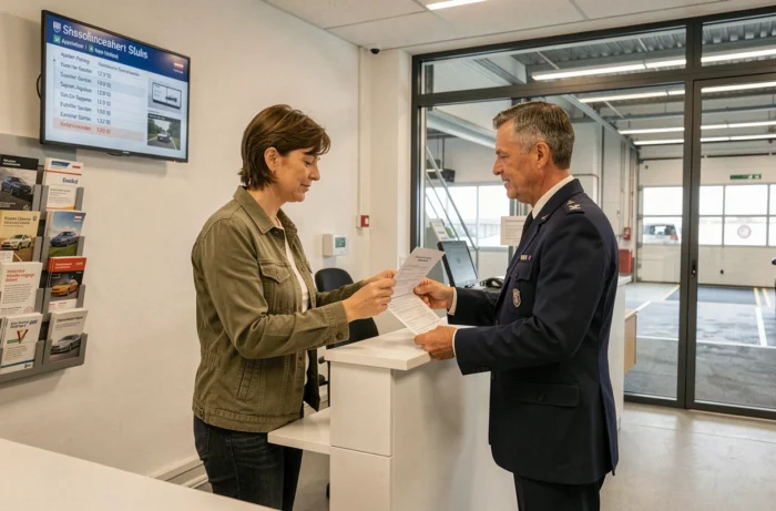 Cliente recevant son rapport de contrôle technique à l'accueil d'un centre automobile en Suisse