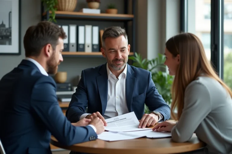 Agent immobilier expliquant les frais de gestion locative à un couple de propriétaires autour d'un contrat de location