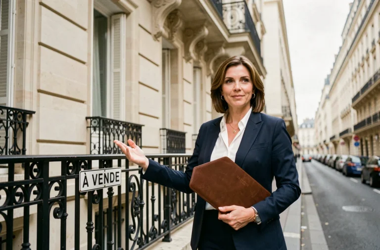 Agent immobilière professionnelle devant un immeuble haussmannien parisien avec panneau À Vendre