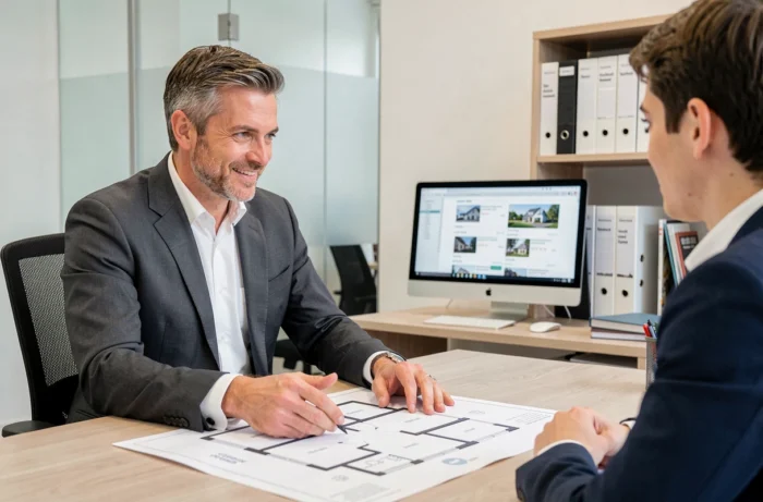 Agent immobilier présentant un plan de bien locatif à un locataire potentiel dans une agence professionnelle