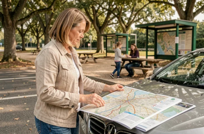 Femme consultant une carte routière sur une aire de repos d'autoroute en France