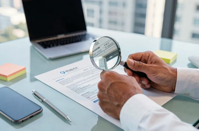 Gros plan d'un expert analysant un contrat d'assurance avec une loupe