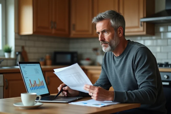 Homme analysant la facture d'électricité et la consommation en kWh de son lave-vaisselle sur ordinateur