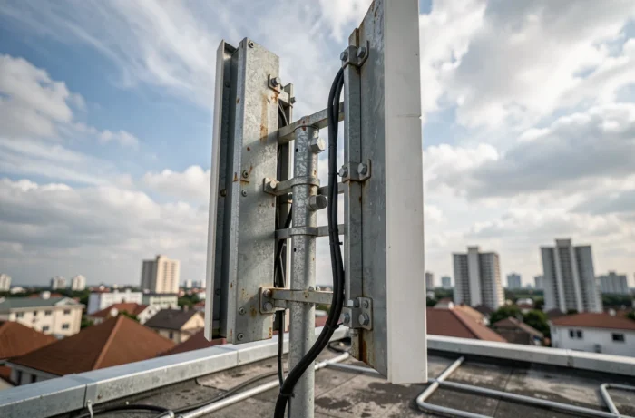 Antenne relais 5G installée sur un toit urbain avec la ville en arrière-plan flou illustrant l'infrastructure 5G