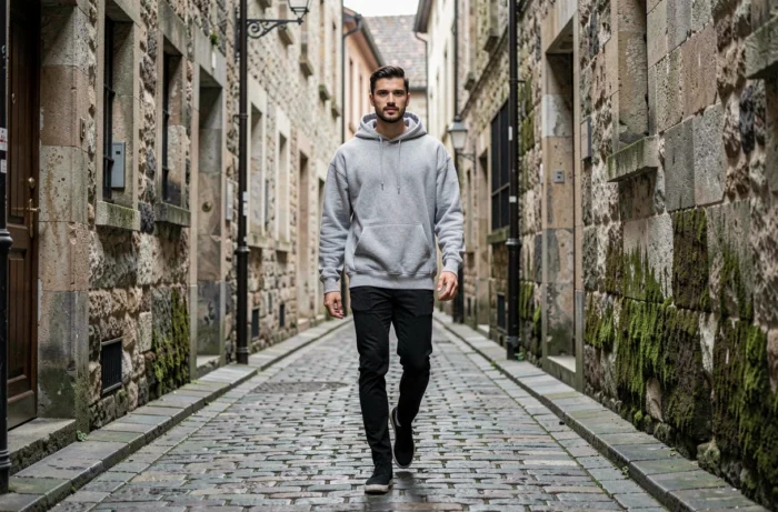 Artiste connu marchant dans une ruelle pavée européenne, style photo documentaire authentique