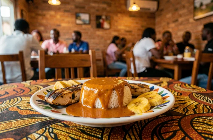 Assiette de riz et sauce yopie avec poisson grillé et bananes plantains dans un restaurant africain traditionnel