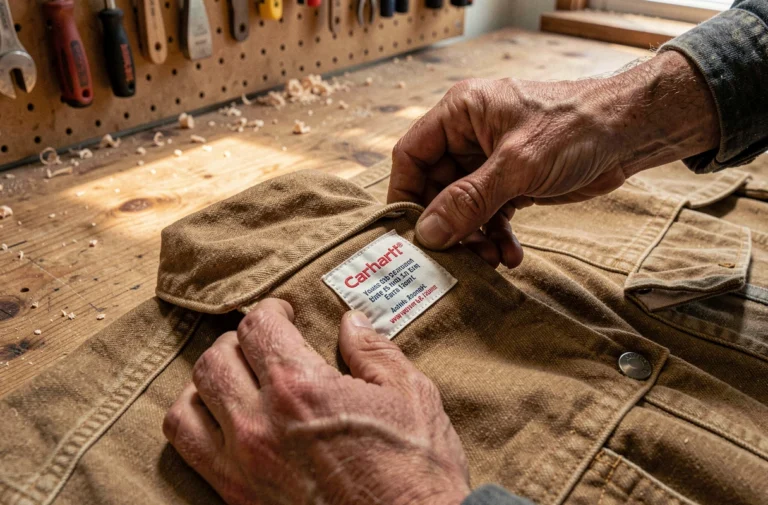 Mains examinant l'étiquette et les coutures d'une veste Carhartt authentique posée sur un établi en bois