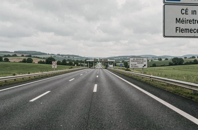 Vue grand angle d'une autoroute française avec péage et paysage de campagne verdoyante