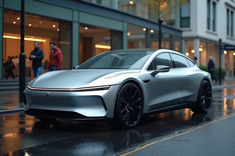 Berline électrique 2024 garée dans une rue urbaine mouillée avec reflets sur l'asphalte, tendances automobiles modernes