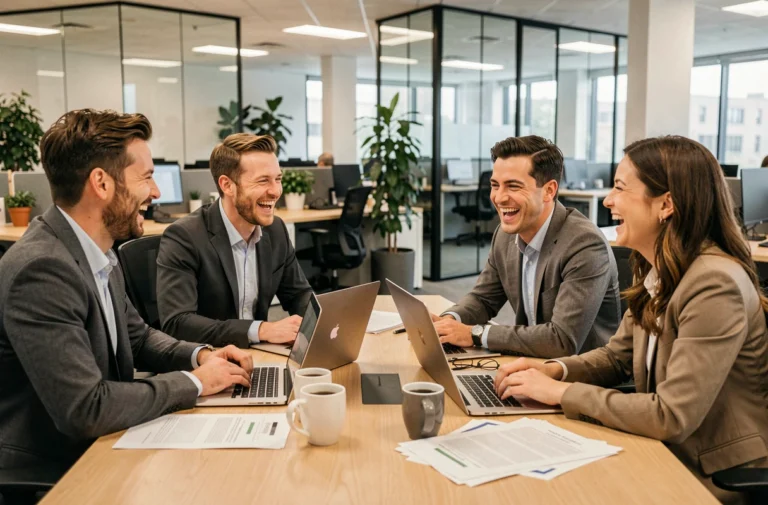 Collègues de bureau qui rient ensemble autour d'une table de réunion moderne, ambiance détendue au travail