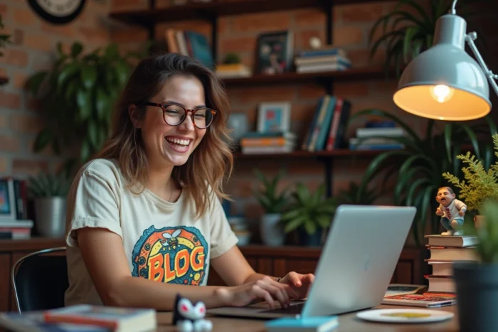 Blogueuse geek et décalée à son bureau rempli de figurines et de BD, ambiance univers geekette pétillante