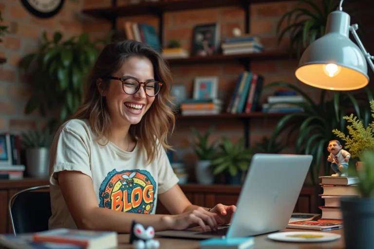 Blogueuse geek et décalée à son bureau rempli de figurines et de BD, ambiance univers geekette pétillante
