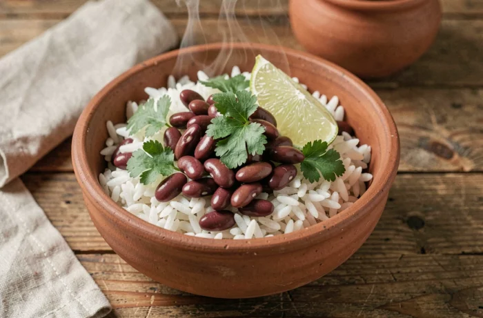 Bol rustique de riz blanc et haricots rouges garni de coriandre fraîche et d'un quartier de citron vert sur une table en bois