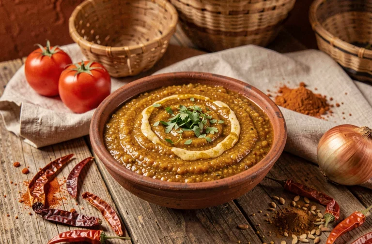 Bol de sauce yopie traditionnelle west-africaine avec herbes fraîches et ingrédients naturels sur table en bois rustique