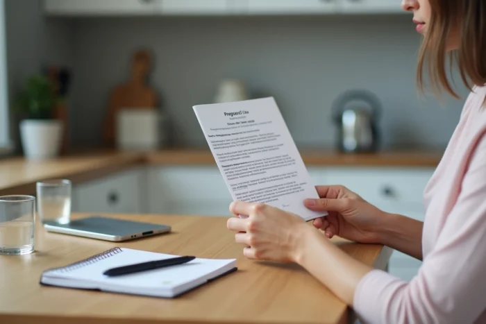 Mains tenant une brochure médicale sur la fausse couche posée sur une table en bois avec un verre d'eau