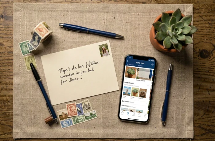 Vue de dessus d'un bureau avec une carte postale personnalisée, un smartphone affichant une application d'envoi en ligne et des timbres