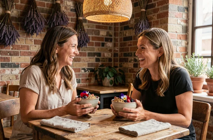 Dos mujeres compartiendo tazones de açaí en un café de bienestar de moda, alimentación saludable y momentos de convivencia