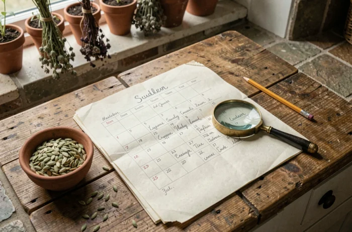 Calendrier lunaire 2026 manuscrit avec graines de haricots verts pour planifier les semis au potager