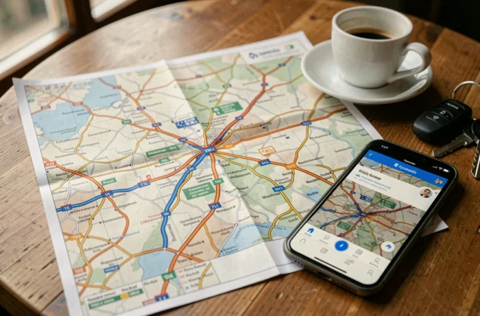 Carte des autoroutes françaises avec péages posée sur une table de café à côté d'un smartphone