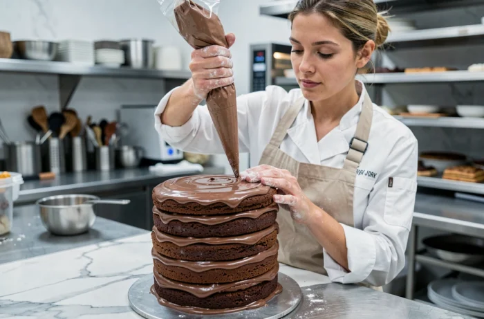 Cheffe pâtissière décorant un gâteau au chocolat dans une cuisine professionnelle avec soin et précision