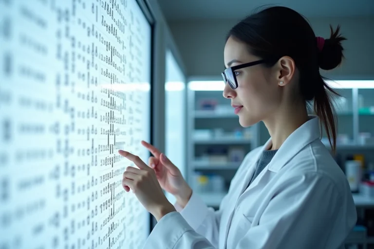 Chercheuse en génétique examinant un caryotype humain dans un laboratoire médical moderne, illustrant l'étude du chromosome 4
