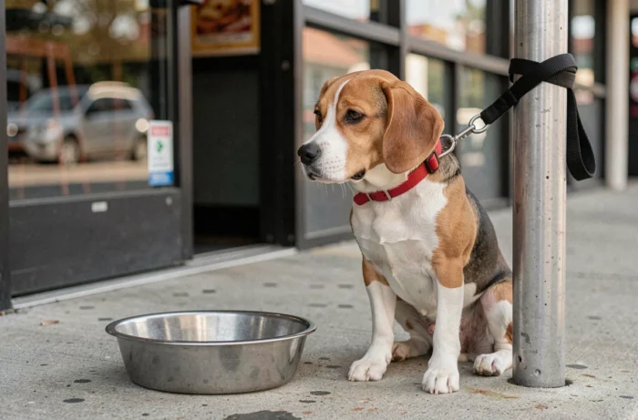 Chien beagle attaché devant l'entrée d'un restaurant Burger King avec gamelle d'eau