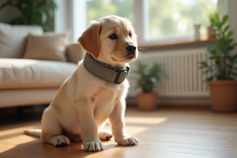 Chiot Labrador portant un collier anti-aboiement gris dans un salon moderne
