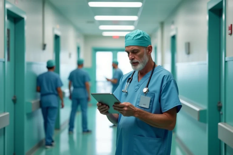 Chirurgien consultant un dossier médical dans un couloir d'hôpital avant une opération du cancer du pancréas