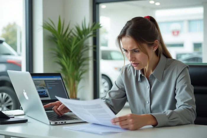 Une cliente mécontente examinant un contrat d'achat de véhicule d'occasion dans les bureaux d'un concessionnaire automobile