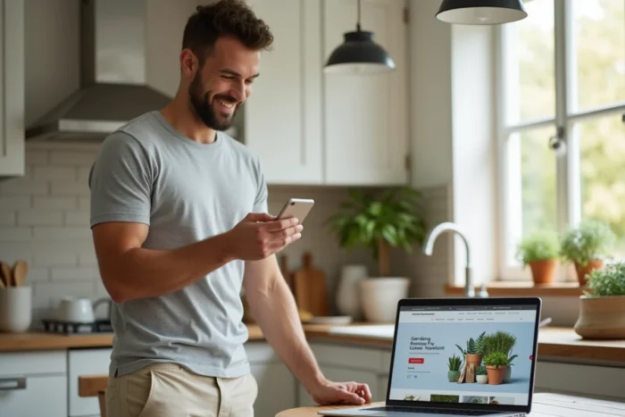 Personne utilisant un code promo sur smartphone pour acheter un robot tondeuse en ligne