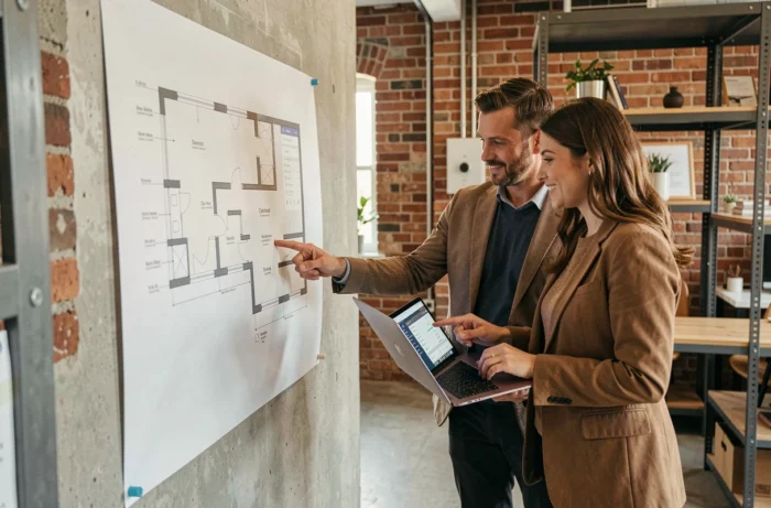 Deux collègues collaborant sur un projet d'investissement immobilier dans un espace de coworking