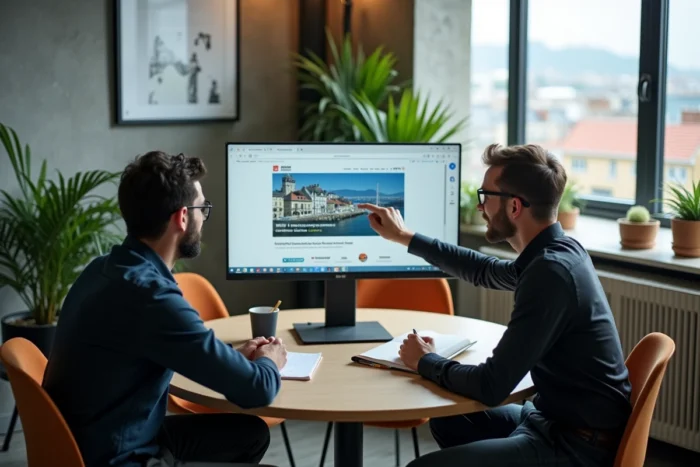 Deux collègues en espace de coworking à Brest analysant les fonctionnalités d'une page dédiée du Portail Breton sur un écran
