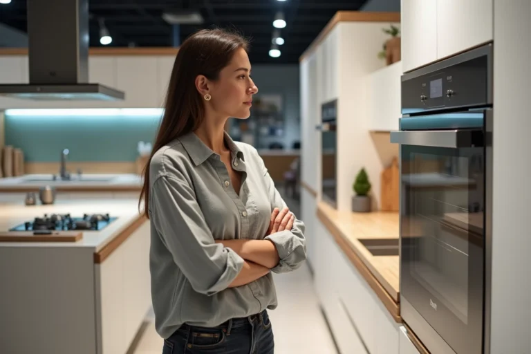 Femme comparant des cuisines en showroom dans un magasin de meubles, façades blanches et comptoirs en bois