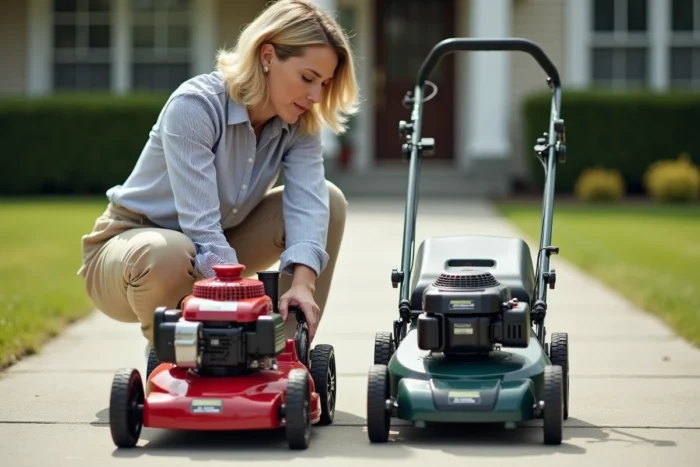 Femme comparant deux tondeuses thermiques de puissances différentes sur une allée de jardin