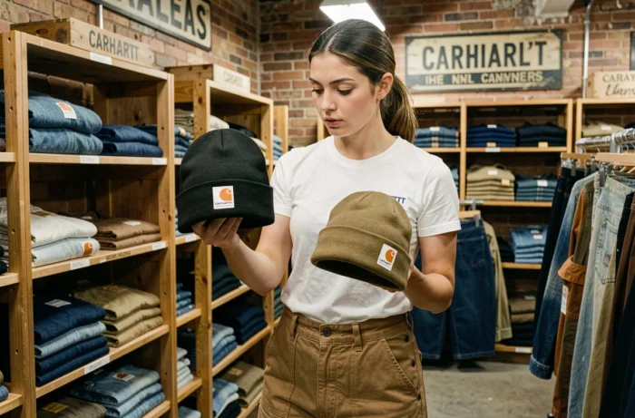 Jeune femme comparant deux bonnets Carhartt dans une boutique de vêtements de travail pour distinguer le vrai du faux
