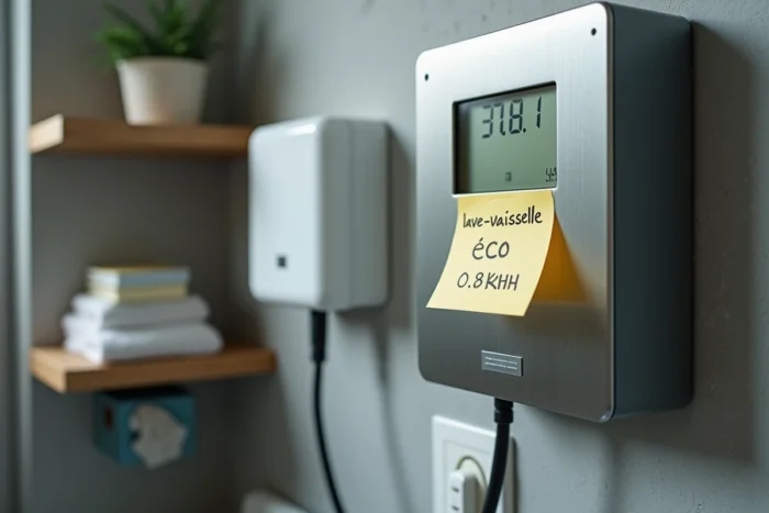 Compteur électrique affichant la consommation en kWh d'un lave-vaisselle avec note manuscrite collée dessus