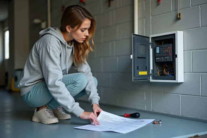 Femme configurant le récepteur moteur Somfy sur le mur d'un garage avec une notice de programmation