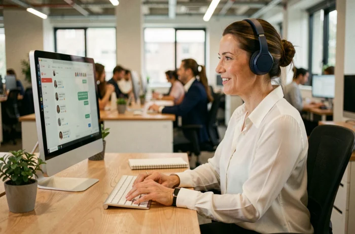 Conseillère d'une équipe dédiée à l'accompagnement portant un casque téléphonique et répondant à un client depuis son poste de travail moderne