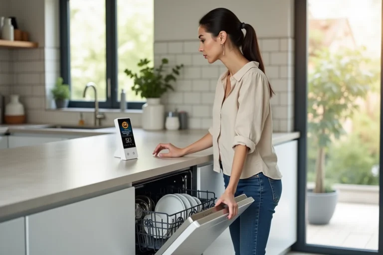 Femme consultant un moniteur de consommation énergétique à côté de son lave-vaisselle dans une cuisine moderne