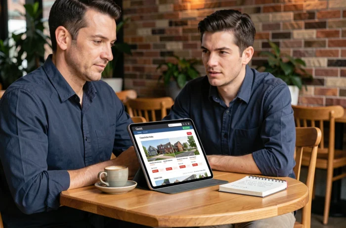 Homme consultant des annonces immobilières Le Bon Coin sur une tablette dans un café