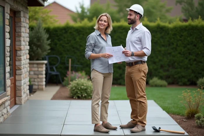 Propriétaire et entrepreneur discutant des plans de fondation béton pour une terrasse extérieure
