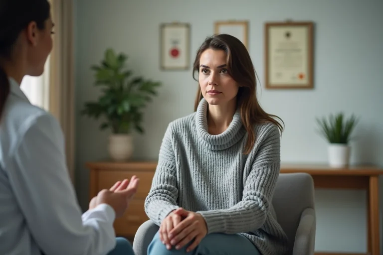 Femme en consultation gynécologique discutant d'une fausse couche avec sa médecin dans un cabinet médical apaisant