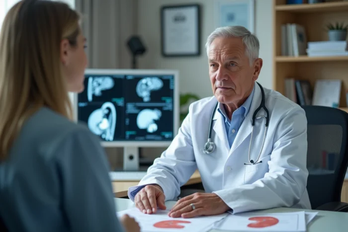 Oncologue expliquant les chances de guérison du cancer du pancréas à un patient lors d'une consultation médicale