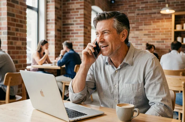 Homme contactant une équipe d'accompagnement par téléphone depuis un café, exprimant soulagement et confiance lors de l'appel