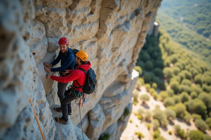 Deux grimpeurs en cordée sur une voie calcaire extérieure, matériel d'escalade complet visible, comparaison escalade et varappe