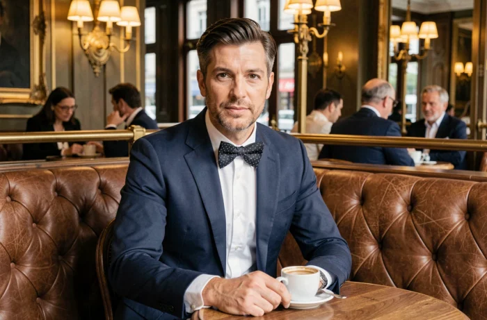 Homme élégant en costume bleu marine et nœud papillon à pois assis dans une brasserie parisienne